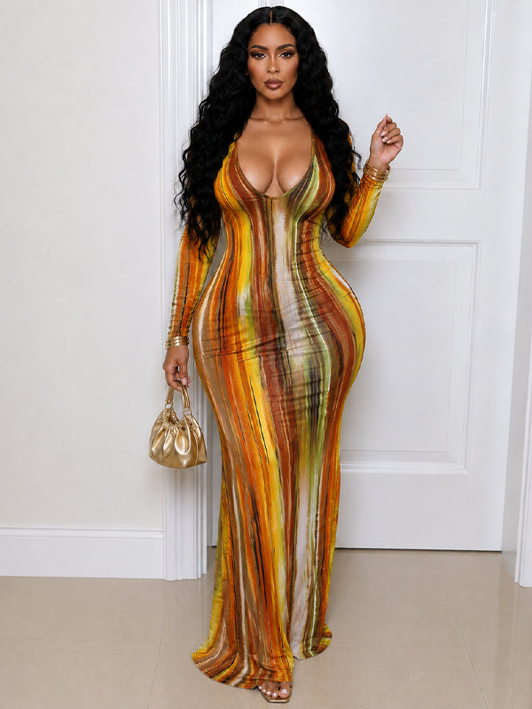 Printed V Neck Bodycon Dress