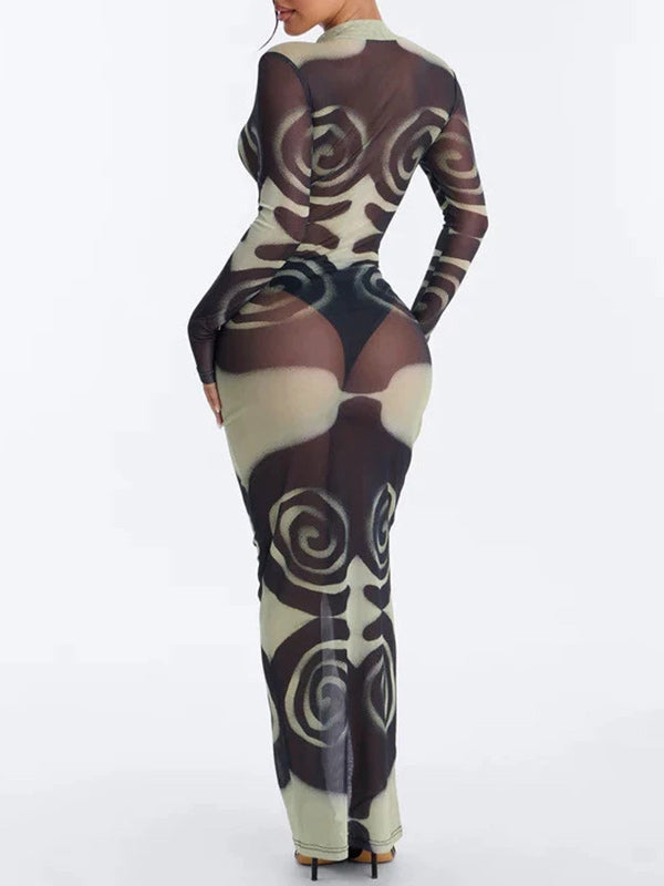 Printed Mesh Mock Neck Dress