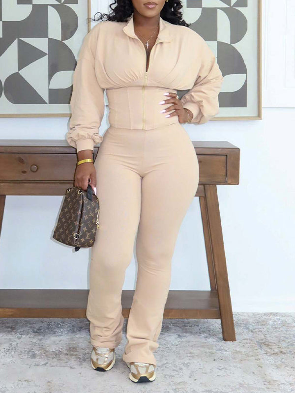 Solid Waist Cincher Top & Pants Set