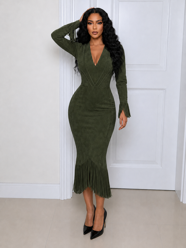Solid V‑Neck Fringe Maxi Dress