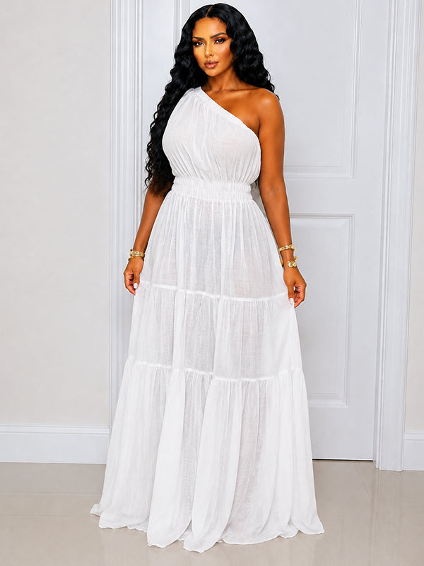 Solid One-Shoulder Ruffle Dress