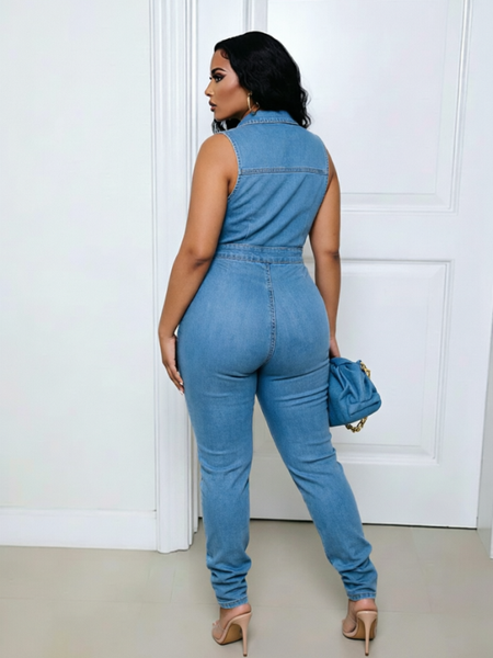 Button-Front Sleeveless Denim Jumpsuit