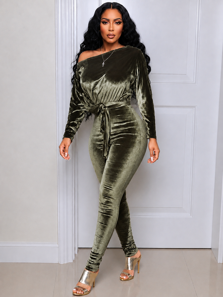 Velvet Boat-Neck Tied Jumpsuit