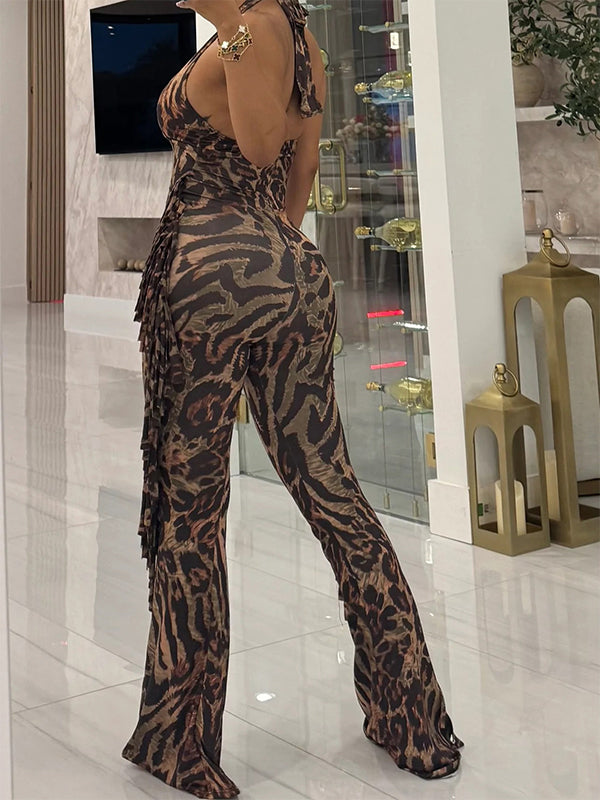 Leopard‑Print Fringe Halter Jumpsuit