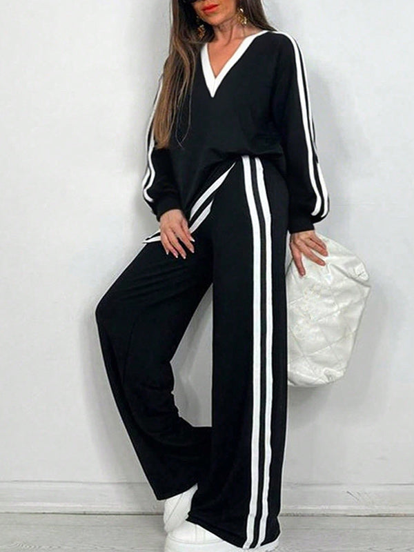 Striped V-Neck Top & Pants Set