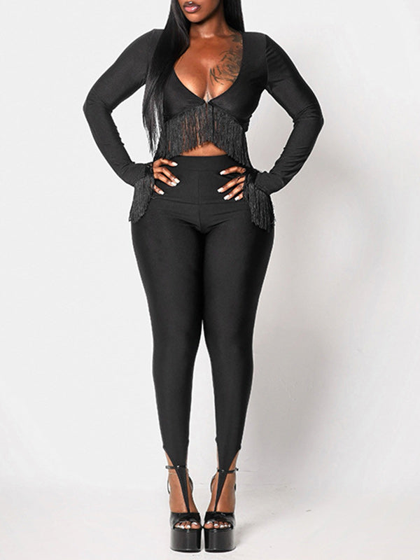 V-Neck Fringe Top & Pant Set