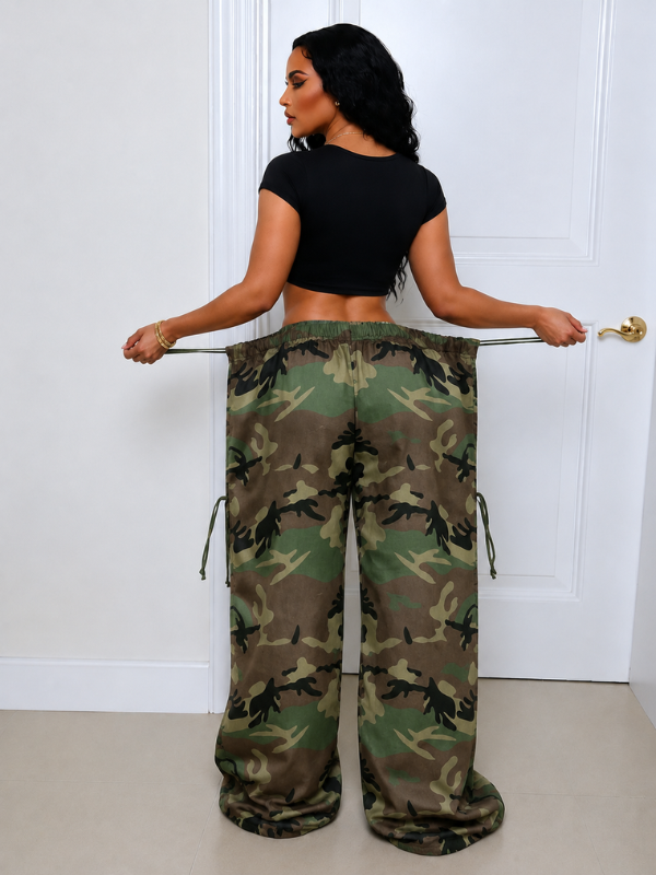 Camo Drawstring Wide-Leg Pants