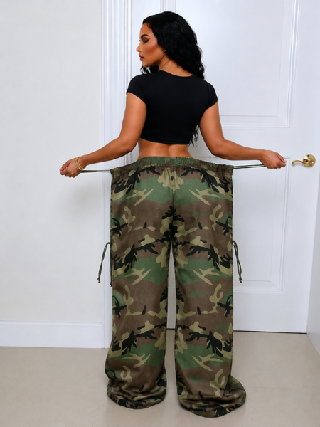 Camo Drawstring Wide-Leg Pants
