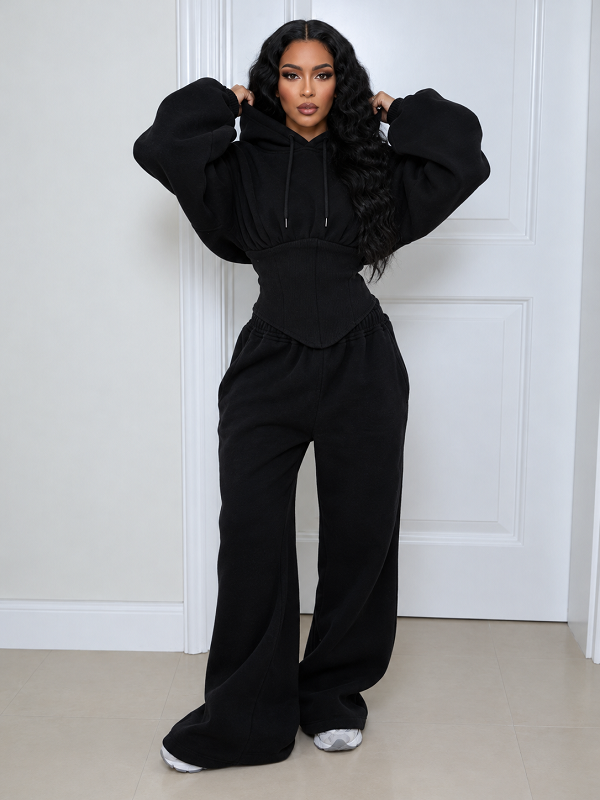 Solid Hoodie Cinched Waist Top & Pants Set