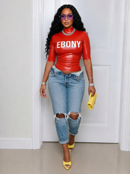 Letter-Print Faux-Leather Top