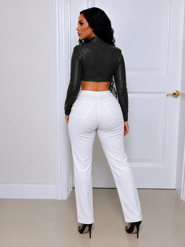 Faux-Leather Paneled Cropped Jacket