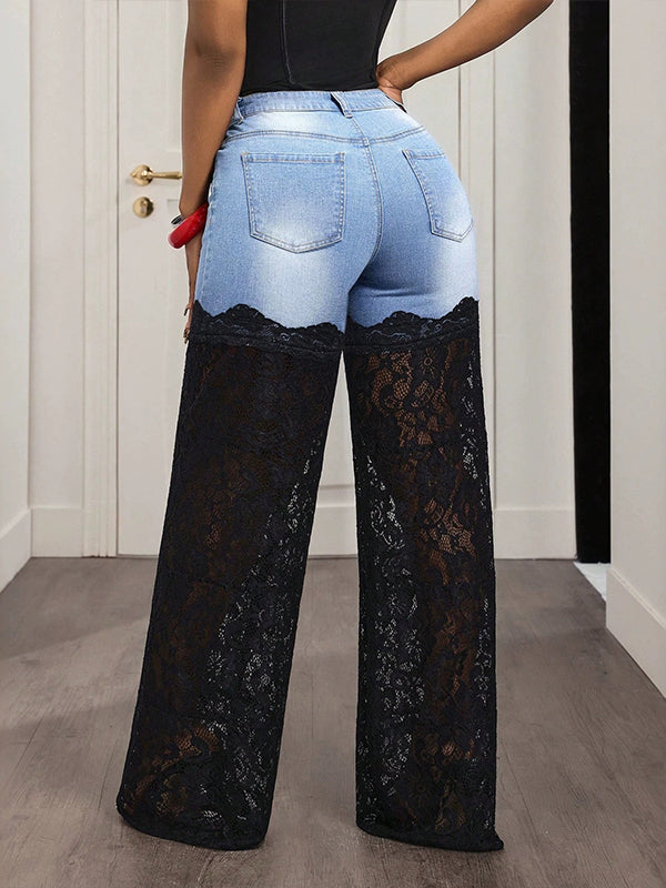 Lace‑Spliced Denim Pants