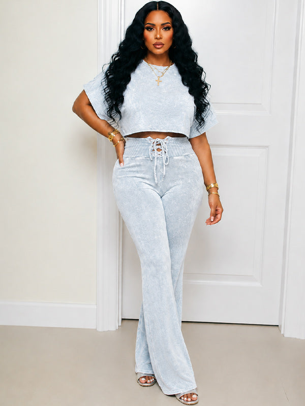 Printed Crop Top & Lace-Up Pants Set