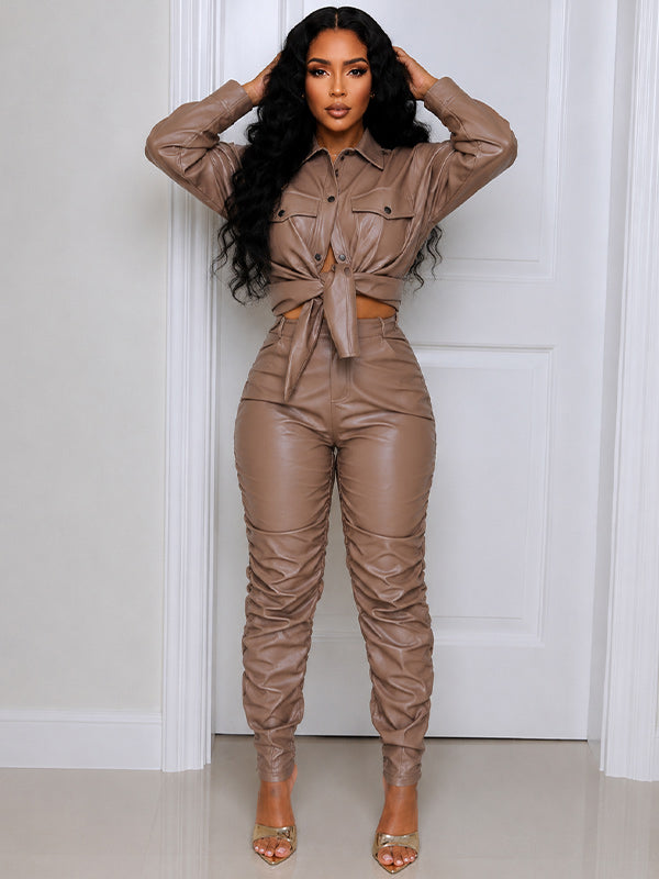 Faux-Leather Shirt & Ruched Pants Set