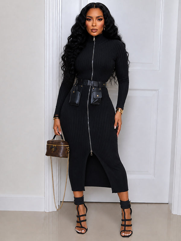 Zip-Front Ribbed Dress
