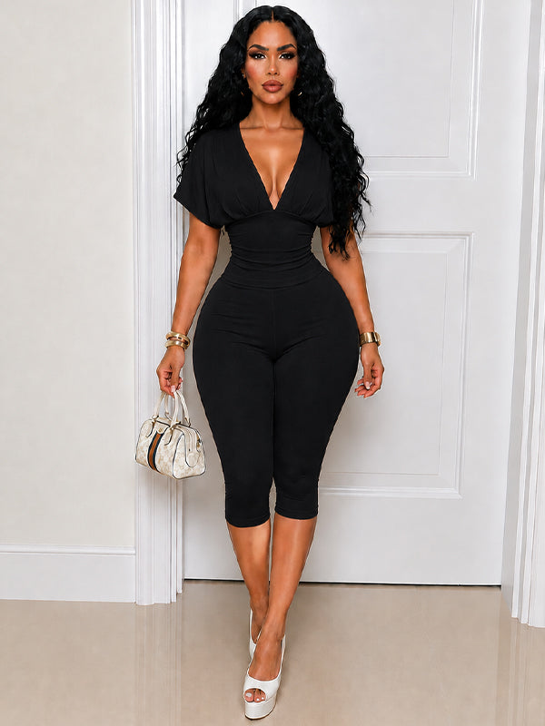 Solid V-Neck Top & Capri Pants Set