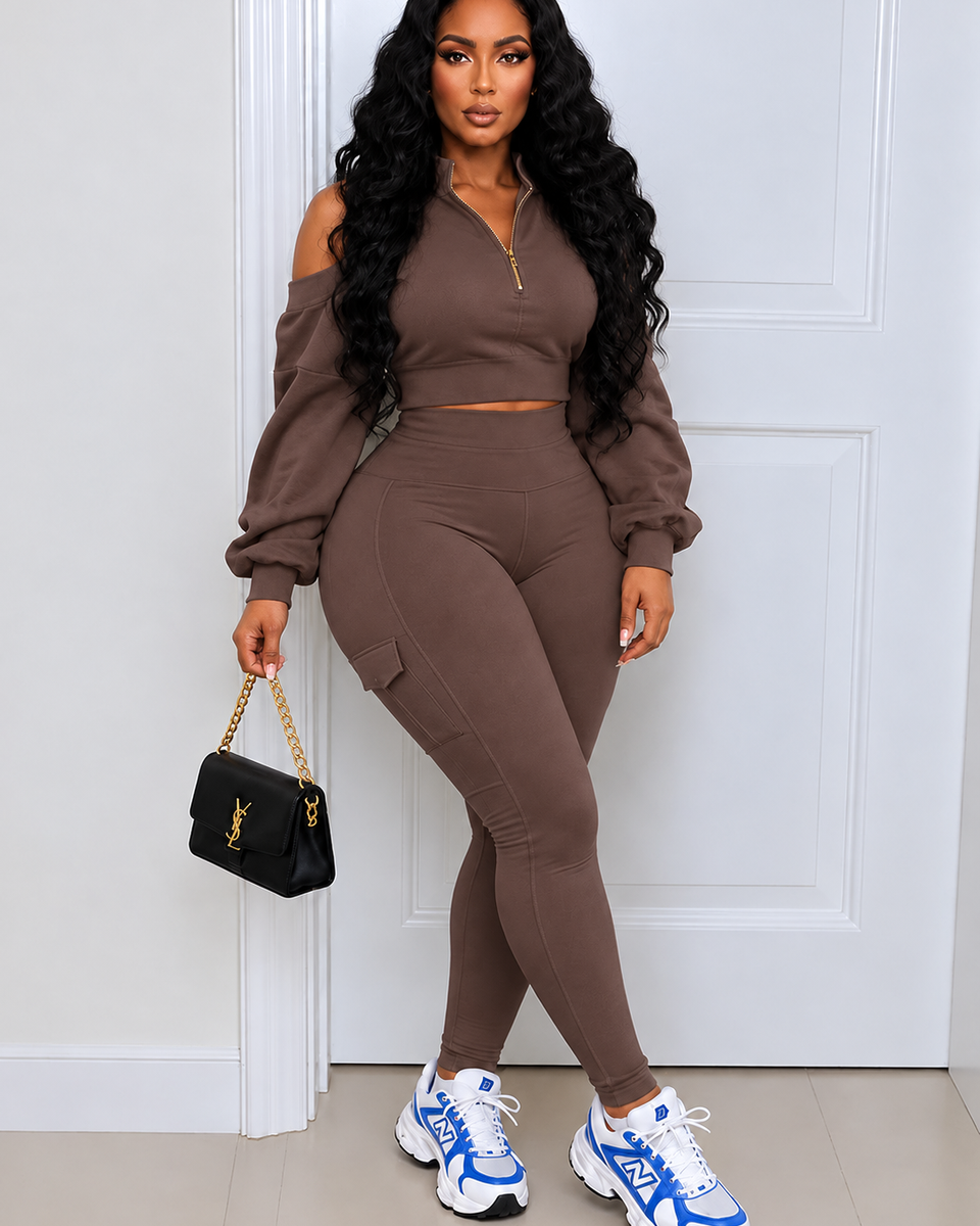 Cold-Shoulder Zip Top & Cargo Pants set