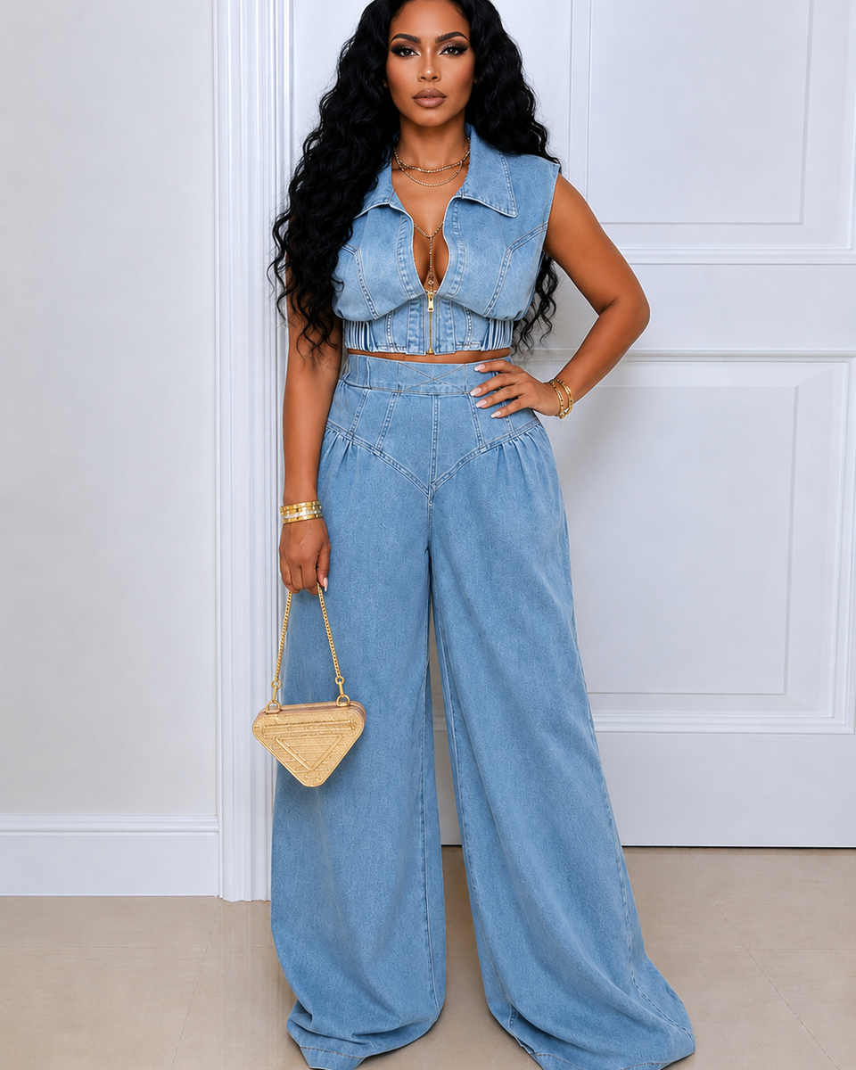 Denim Zip-Up Vest & Wide-Leg Pants Set