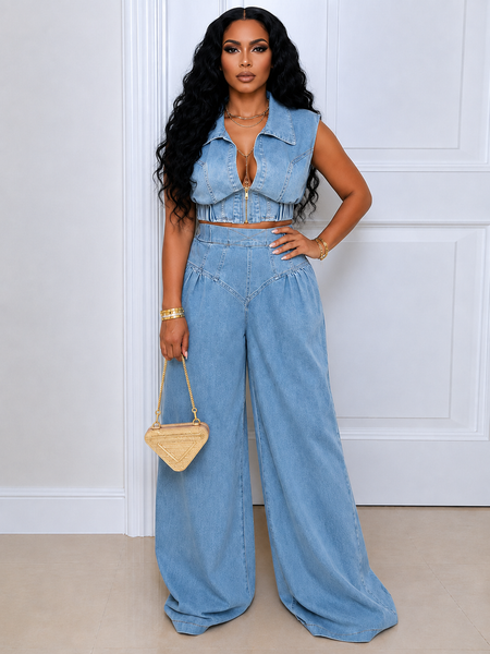 Denim Zip-Up Vest & Wide-Leg Pants Set