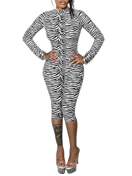 Zebra‑Print Mock Neck Jumpsuit