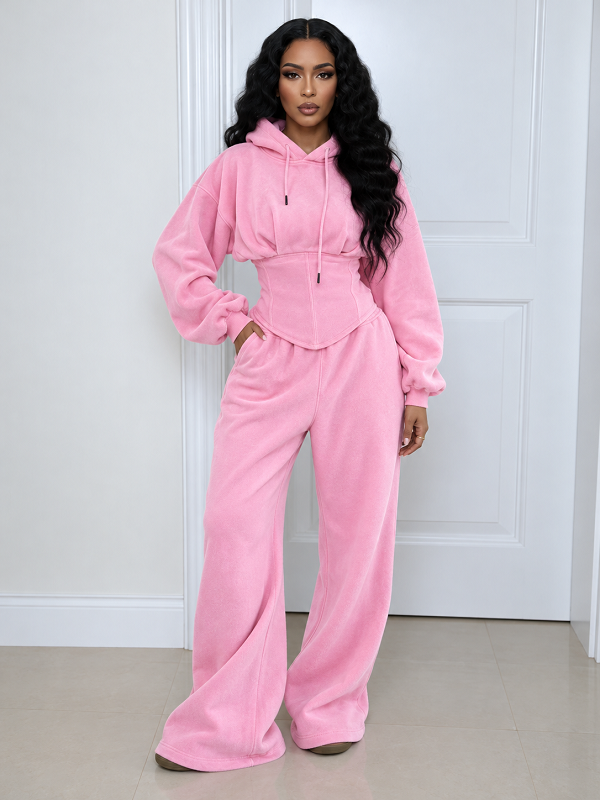 Solid Hoodie Cinched Waist Top & Pants Set