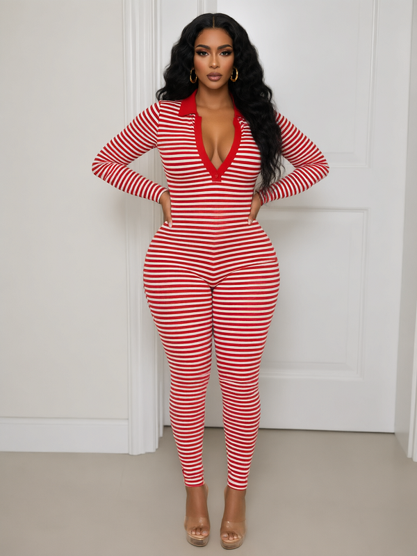 Striped Collared Jumpsuit