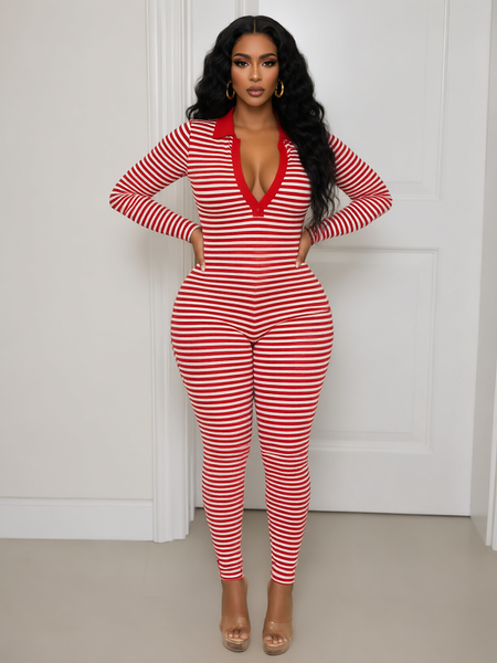 Striped Collared Jumpsuit