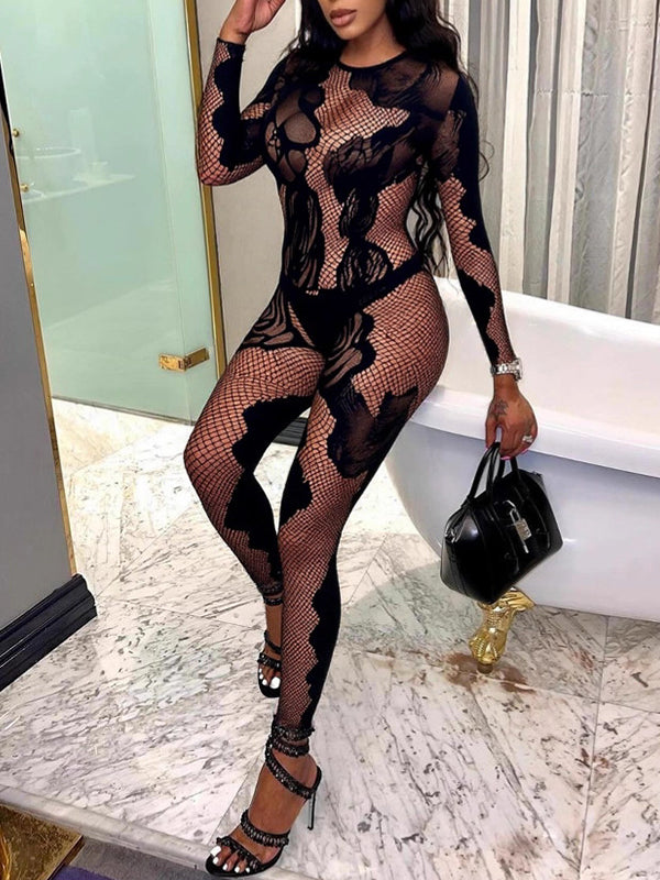 Print Lace Cutout Jumpsuit