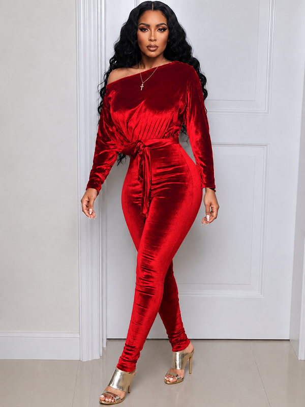 Velvet Boat-Neck Tied Jumpsuit