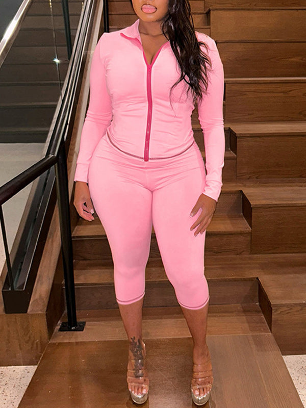 Solid Collared Zip Top & Capri Pant Set