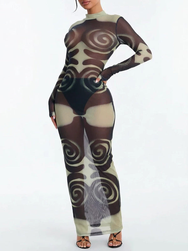 Printed Mesh Mock Neck Dress