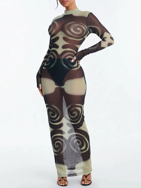 Printed Mesh Mock Neck Dress