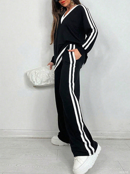 Striped V-Neck Top & Pants Set