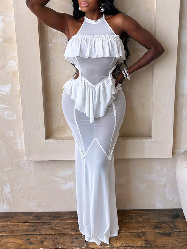 Halter Ruffled Cut‑Out Maxi Dress