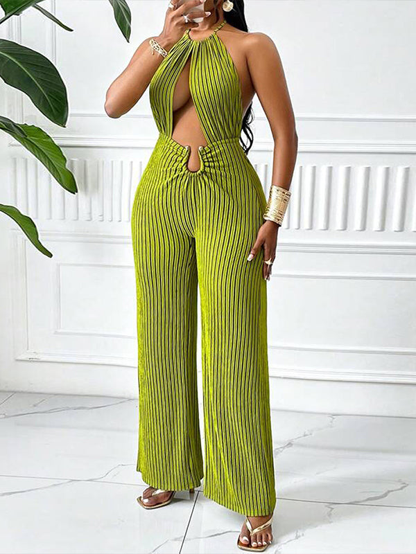Stripe Cutout Halter Jumpsuit