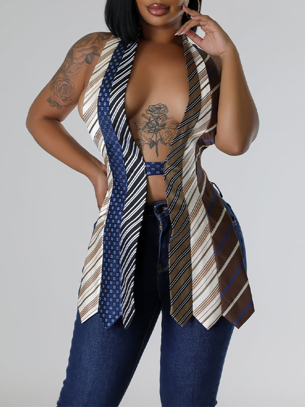 Stripe  V-Neck Backless Vest Top