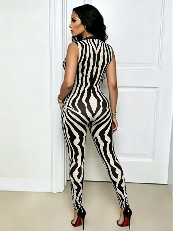 Printed Zip-Front Sleeveless Jumpsuit