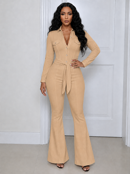 Solid Belted Cargo Flare Jumpsuit