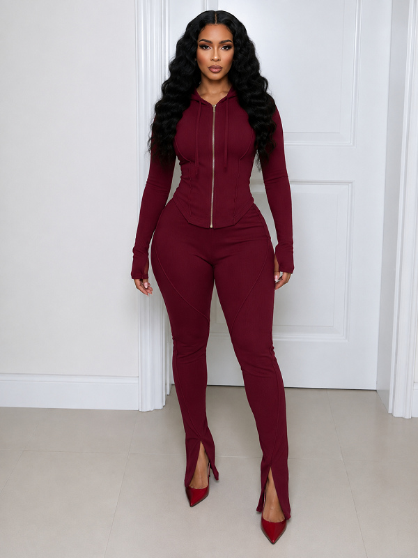 Zip-Front Hoodie & Slit Pants Set