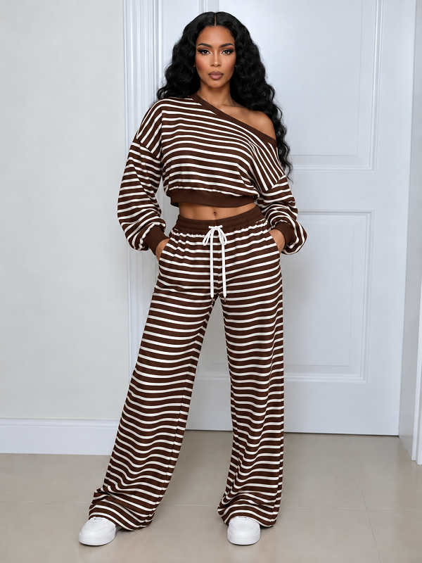 Striped Boat-Neck Cropped Top & Pants Set