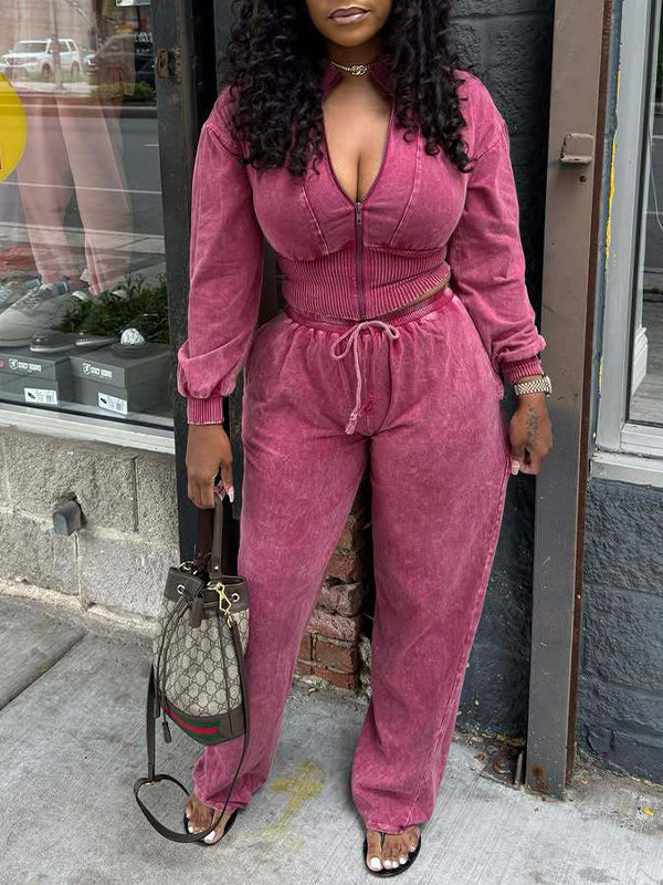Solid Cropped Top & Drawstring Pants Set