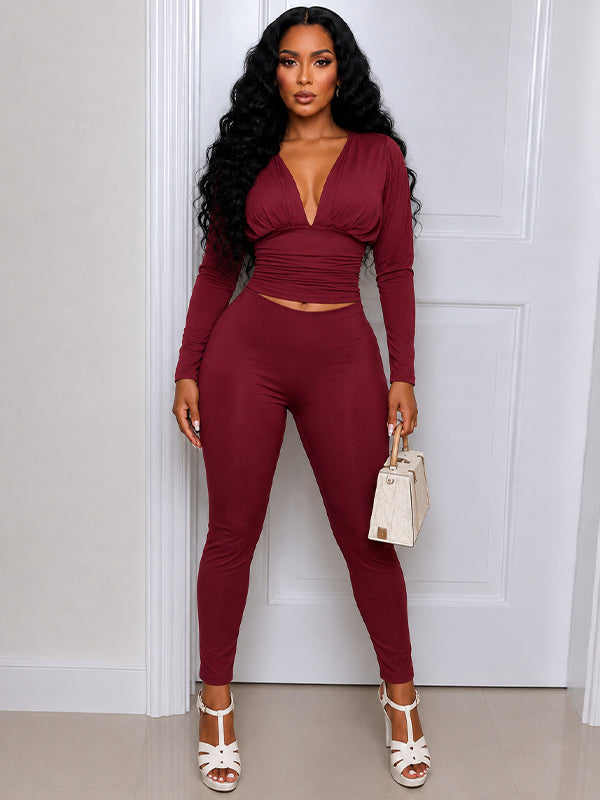 Solid V-Neck Top & Pants Set