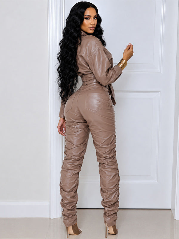 Faux-Leather Shirt & Ruched Pants Set