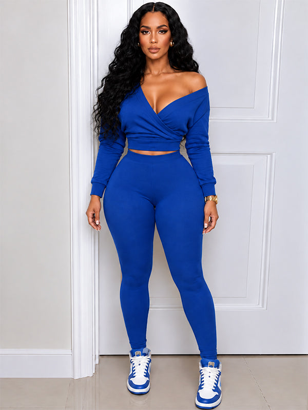 Solid V Neck Top & Pants Set