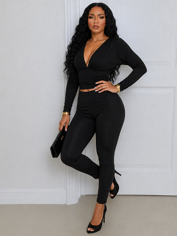 Solid V-Neck Top & Pants Set