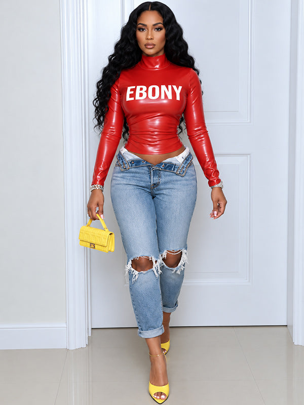 Letter-Print Faux-Leather Top