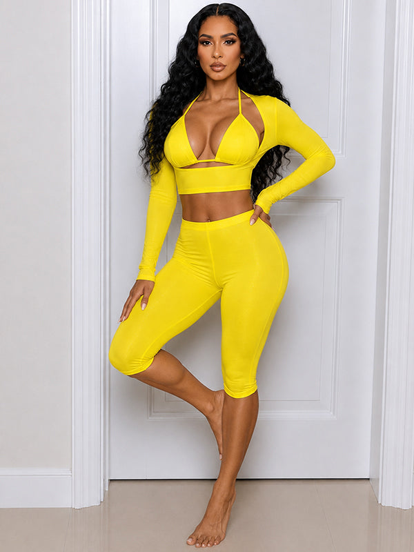 Solid Crop Top & Capri Pants 3‑Piece Set