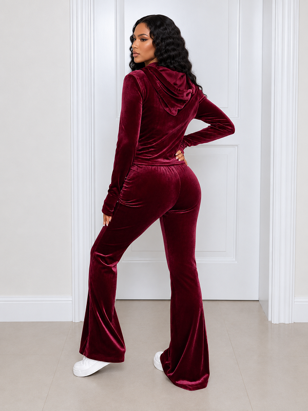 Solid Velvet Hooded Top & Flare Pants Set