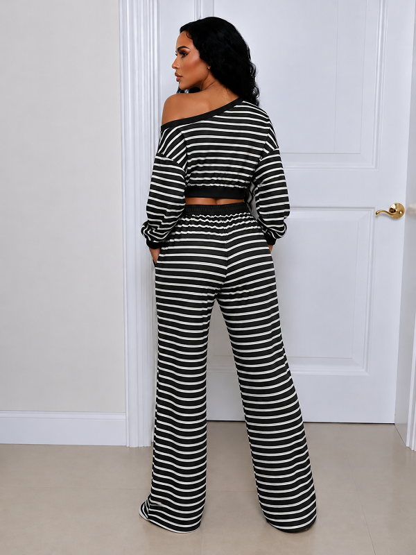 Striped Boat-Neck Cropped Top & Pants Set
