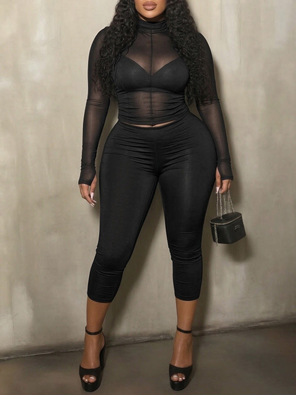 Solid Mesh Top & Capri Pants Set
